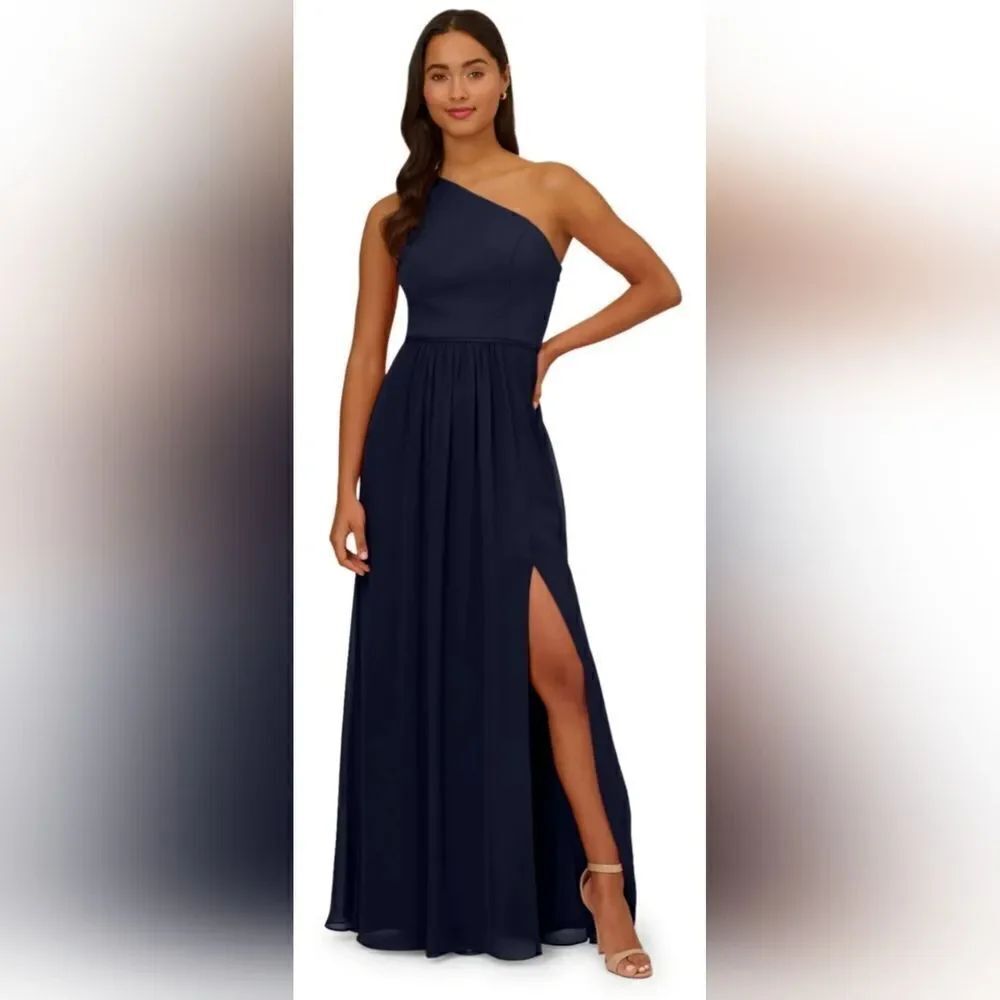 Adrianna Papell ONE-SHOULDER CHIFFON LONG GOWN IN MIDNIGHT Blue NWT size 14